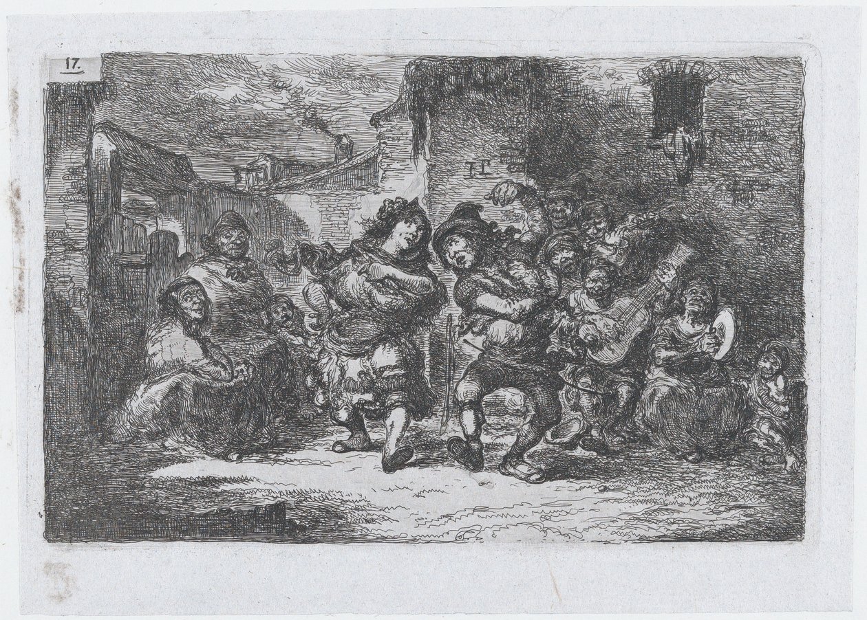 17. tábla: utcazenészek és táncoló figurák, a..., 1850. évi szokások és időtöltések sorozatából. alkotó: Francisco Lameyer Berenguer