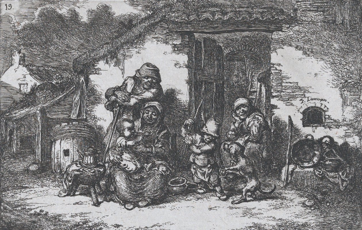 19. tábla: egy család és egy fiú kutyával játszó házon kívül, a szokás... sorozatból, 1850. alkotó: Francisco Lameyer Berenguer