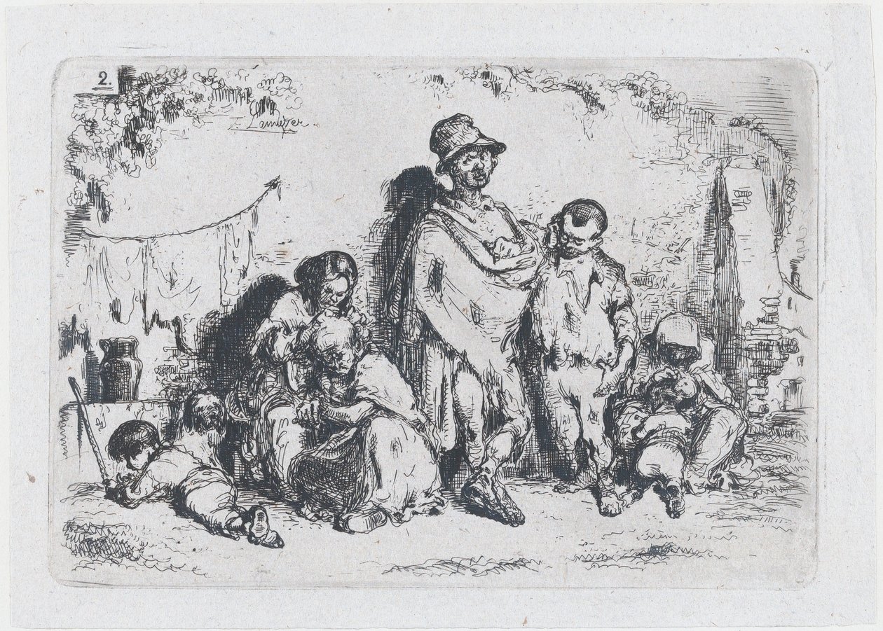 2. tábla: emberek csoportja az utcán, esetleg koldusok, a vám- és... sorozatból, 1850. alkotó: Francisco Lameyer Berenguer
