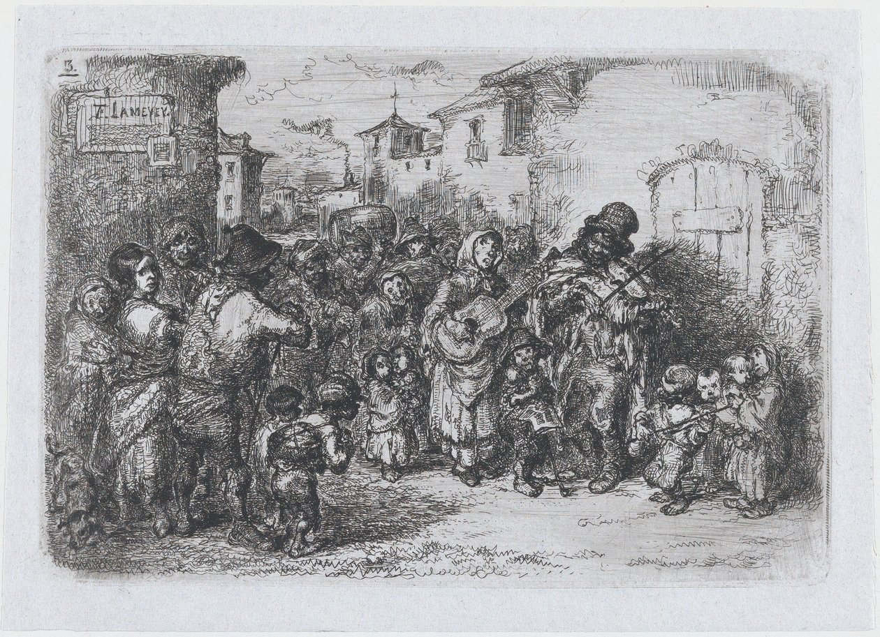 3. tábla: utcazenészek csoportja, a spanyol szokások és időtöltések sorozatából, 1850. alkotó: Francisco Lameyer Berenguer