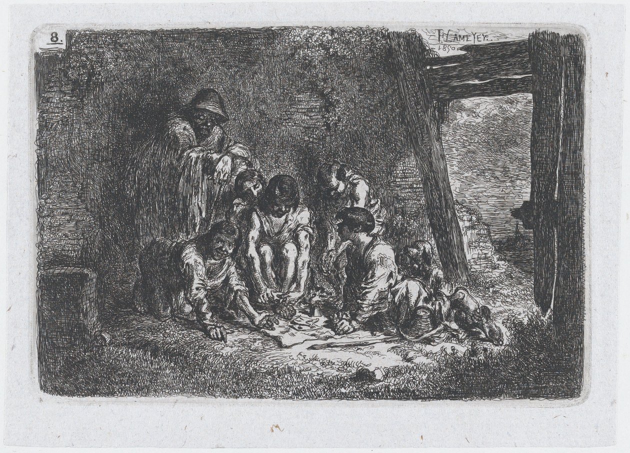 8. tábla: figurák csoportja, akik közül néhányan játszanak, a Vámok és... sorozatból, 1850. alkotó: Francisco Lameyer Berenguer
