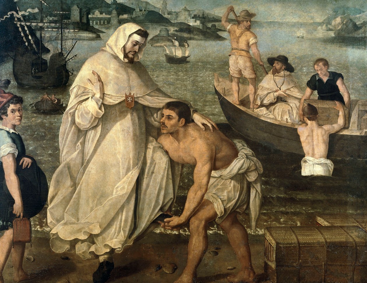 Szent Péter Nolasque (1189-1256) elindul, hogy kiszabadítsa a mór kalózok által túszul ejtett keresztény foglyokat, hogy eladják rabszolgának Afrikában (festmény) alkotó: Francisco Pacheco