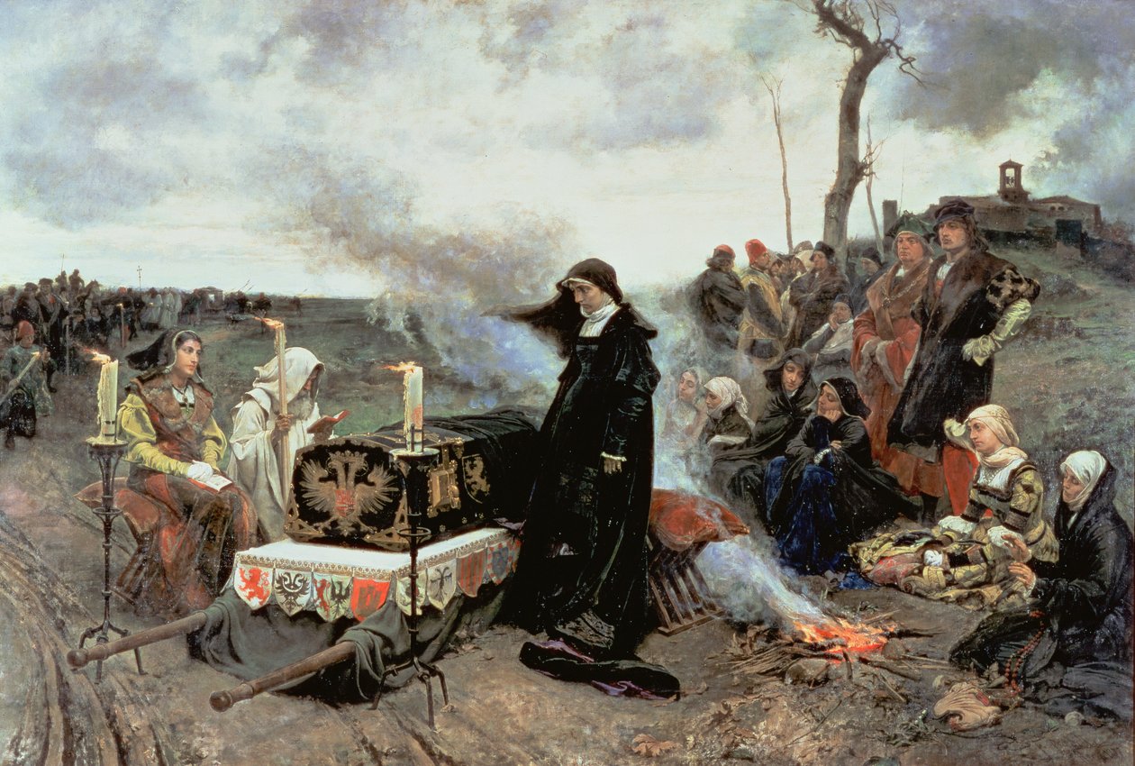 Őrült Joanna (1479-1555) Jóképű Fülöp (1478-1506) koporsójának kísérője a granadai Cartuja de Miraflores-ba, 1877 alkotó: Francisco Pradilla y Ortiz