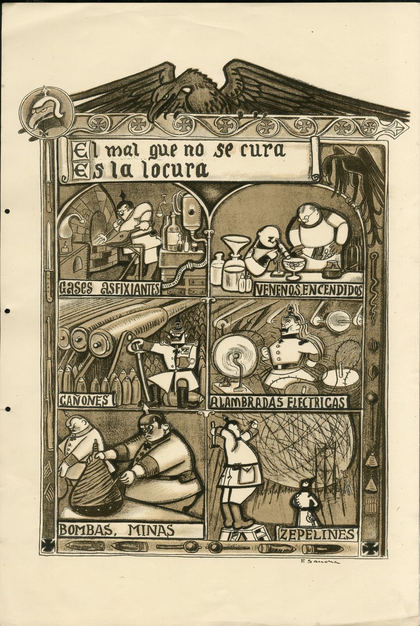Illusztráció: Francisco Sancha Lengo (1874-1936) - Repülő levél, 1915 körül - A meg nem gyógyítható gonosz az őrület - 14-18-as háború, Németország Poroszország, Asphixiant gáz, spanyol nyelv, Külföldi sajtó alkotó: Francisco Sancha y Lengo