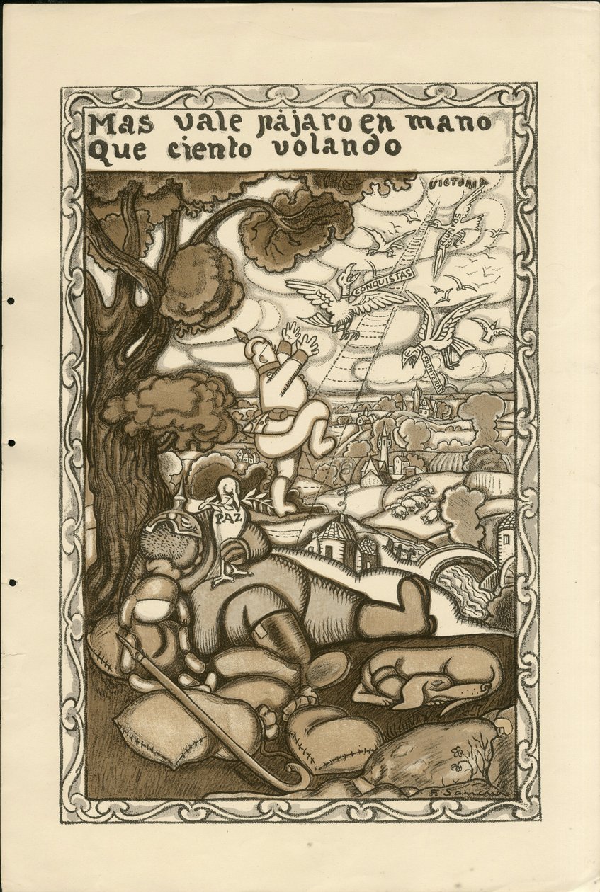 Illusztráció: Francisco Sancha Lengo (1874-1936) - Repülő levél, kb. 1915 - Többet ér egy madár a kézben, mint száz repülő - 14-18-as háború, Németország Poroszország, Hadviselők és szimbólumok, Győzelem, Béke, Spanyol nyelv, Külföldi sajtó alkotó: Francisco Sancha y Lengo