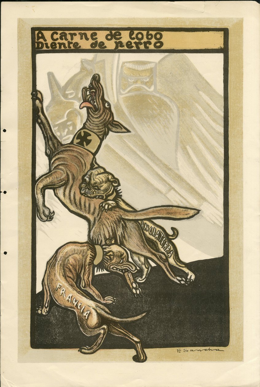 Illusztráció: Francisco Sancha Lengo (1874-1936) - Repülő levél, 1915 körül - A carne de lobo diente de perro - 14-18-i háború, Németország Poroszország, Anglia Nagy-Britannia, Hadsereg és szimbólumok, Franciaország, spanyol nyelv, külföldi sajtó - William alkotó: Francisco Sancha y Lengo