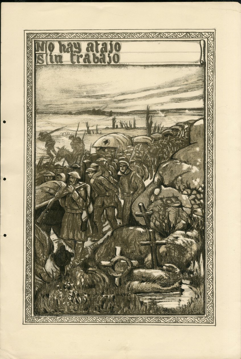 Illusztráció: Francisco Sancha Lengo (1874-1936) - Repülő levél, 1915 körül - Munka nélkül nincs út - 14-18-as háború, Részletek, spanyol nyelv, külföldi sajtó - Foglyok alkotó: Francisco Sancha y Lengo