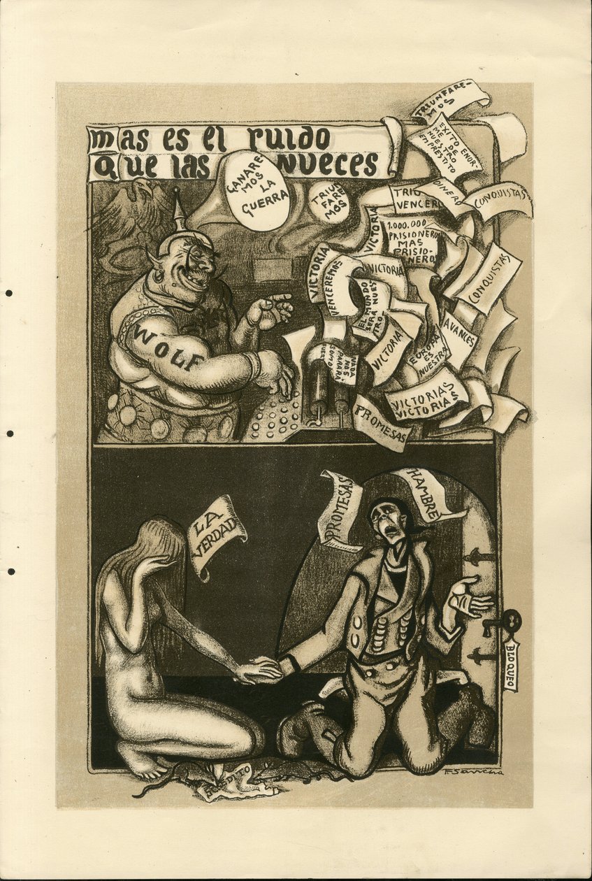 Francisco Sancha Lengo (1874-1936) illusztrációja - Repülő levél, 1915 körül - 14-18-as háború, Wolff Ügynökség, spanyol nyelv, külföldi sajtó alkotó: Francisco Sancha y Lengo