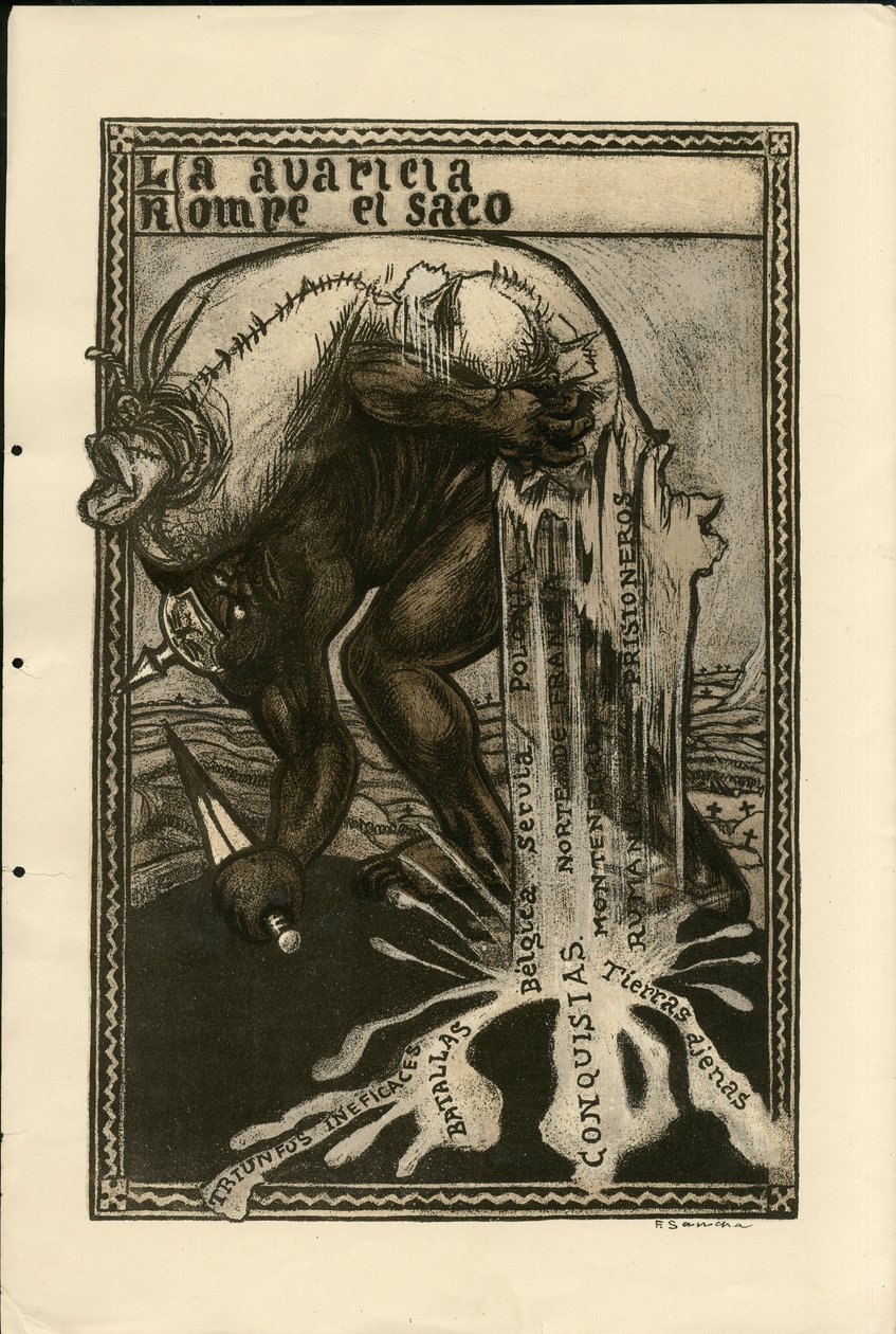 Illusztráció: Francisco Sancha Lengo (1874-1936) - Repülő levél, 1915 körül - 14-18-as háború, Németország Poroszország, Ezüst, Hadviselők és szimbólumok, Spanyol nyelv, Külföldi sajtó alkotó: Francisco Sancha y Lengo