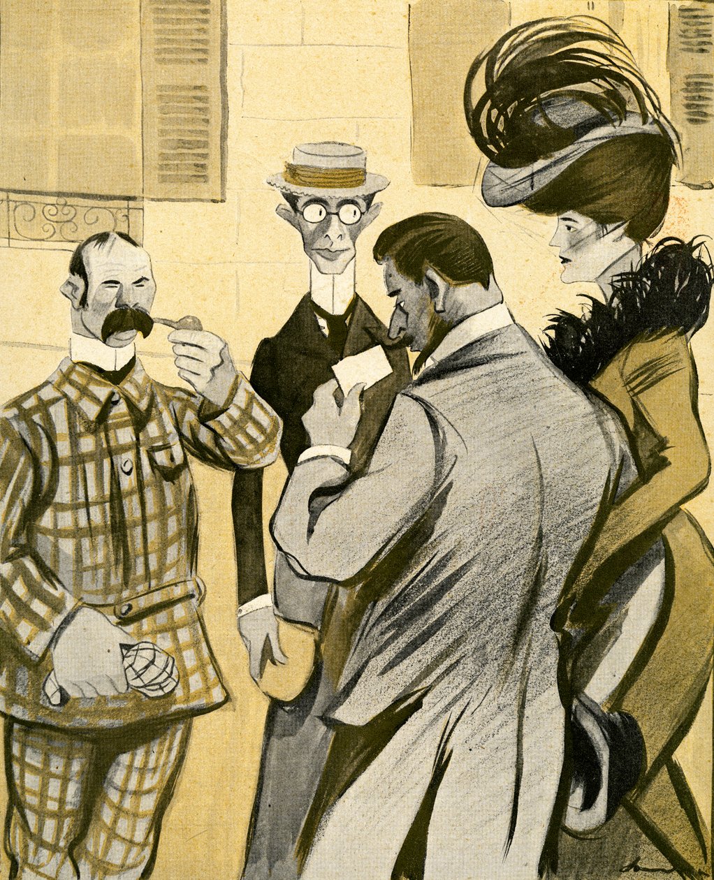 Két angol ügyetlenül kér útbaigazítást egy elbűvölő francia házaspártól rossz franciául, 1903. alkotó: Francisco Sancha y Lengo