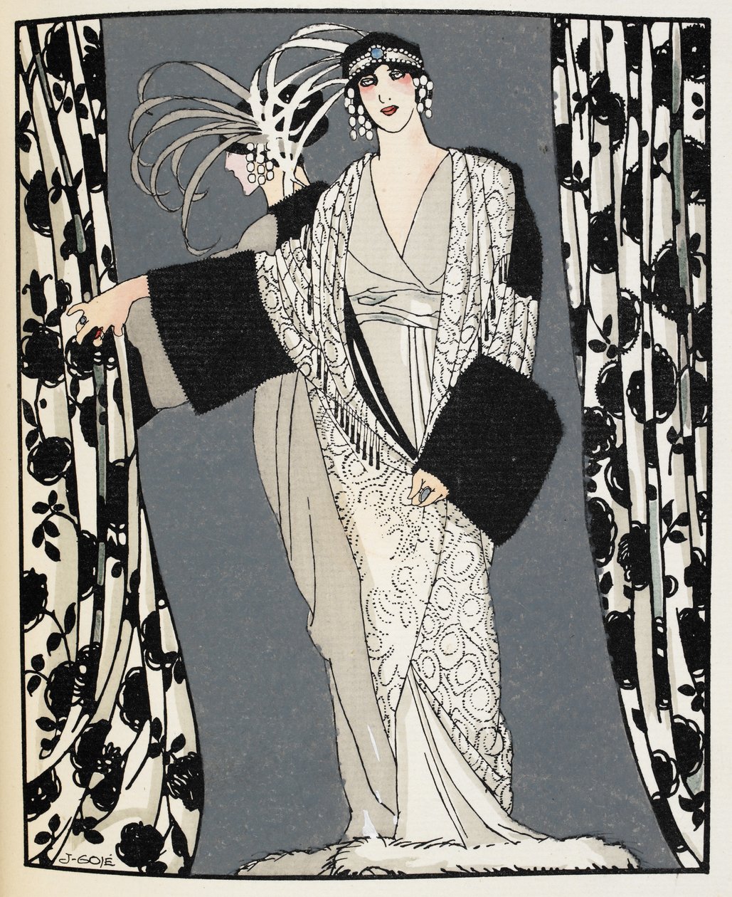 Blanc et noir. Egy nő, aki John Redfern által 1855-ben tervezett jelmezt visel, a „La Gazette du Bon Ton” illusztrációja (színes litó) alkotó: Francisco Xavier Gose