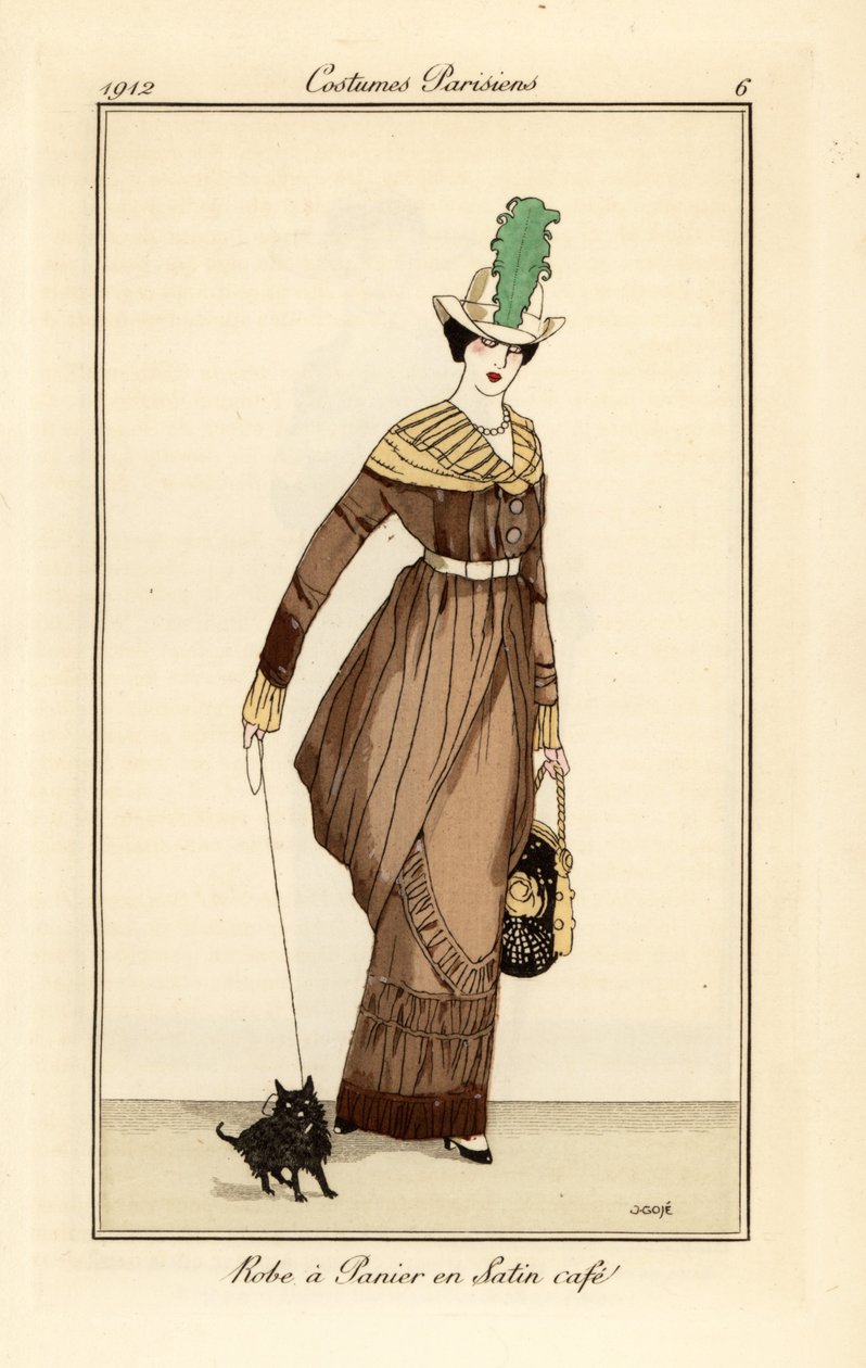 Kávészínű szatén kosárruhás nő kutyával, Tommaso Antongini Journal des Dames et des Modes, Aux Bureaux du Journal des Dames, Párizs metszetéből alkotó: Francesc Xavier Gosé