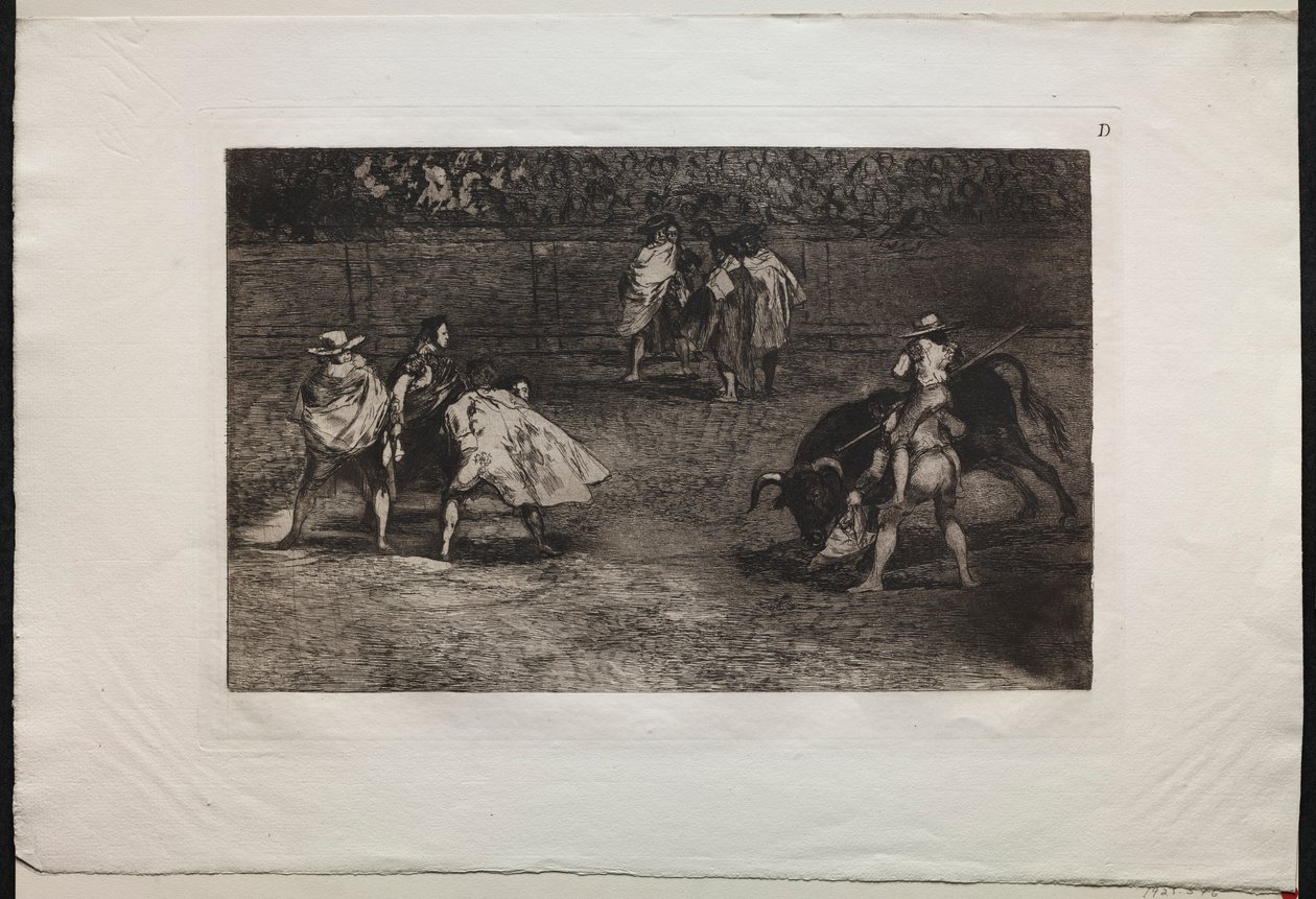 Bikaviadalok: A bikaviadal egy asszisztens vállára ült, bikát lándzsáz, 1876. alkotó: Francisco de Goya