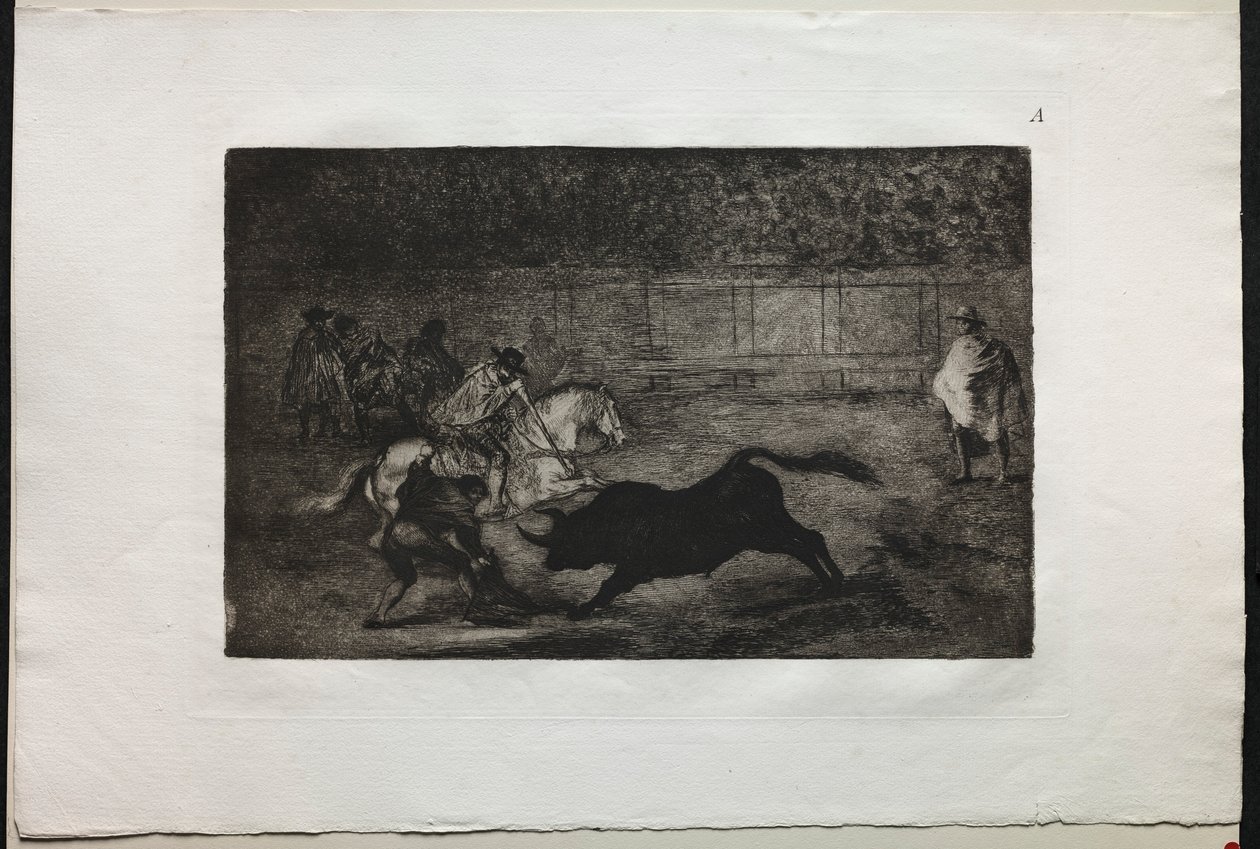 Bikaviadalok: Egy spanyol lovas lovag, aki asszisztensek segítségével lándzsákat tör, 1876. alkotó: Francisco de Goya
