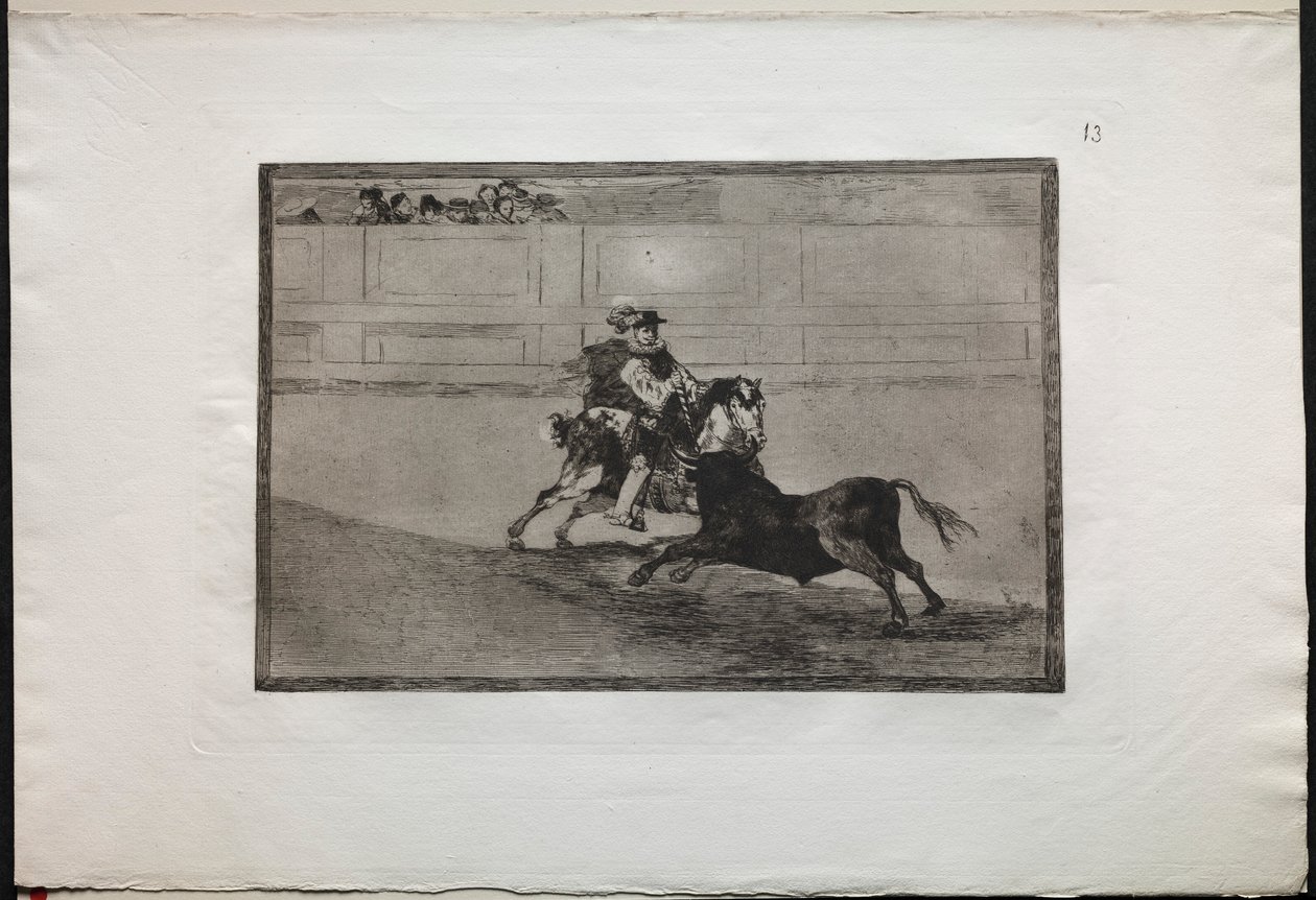 Bikaviadalok: Egy spanyol lovas lovag a gyűrűben, aki segítség nélkül lándzsákat tör..., 1876. alkotó: Francisco de Goya