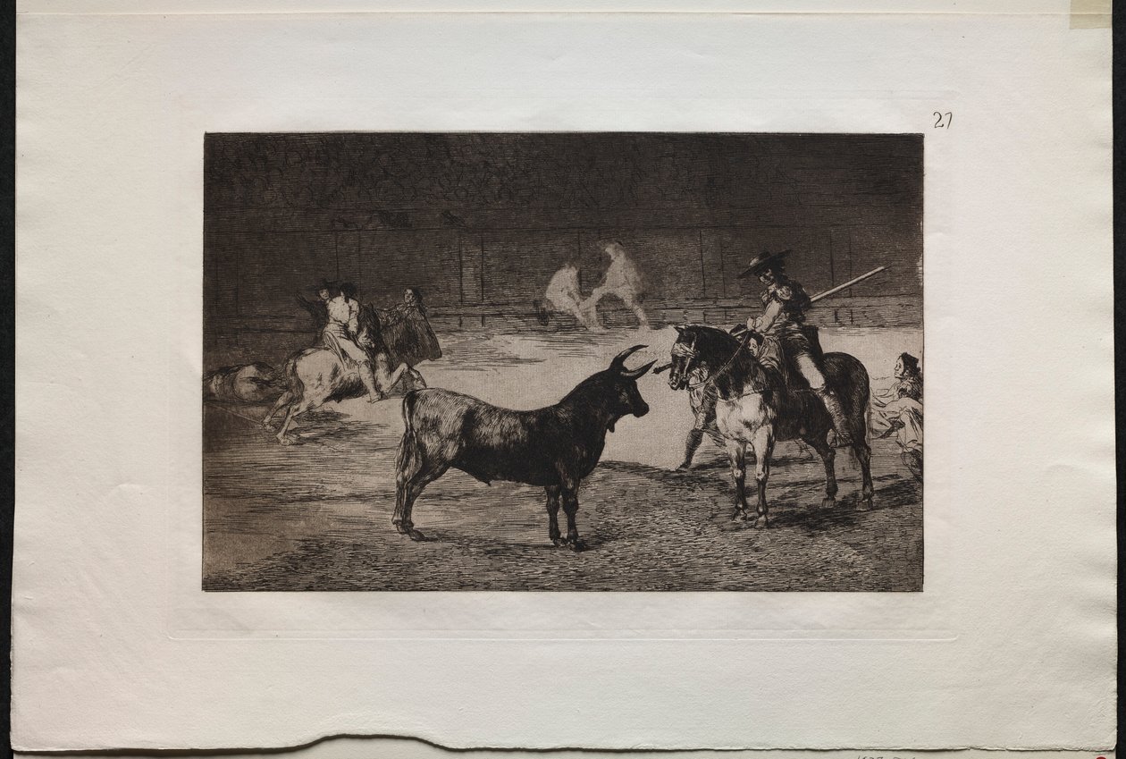 Bikaviadalok: Az ünnepelt Picador, Fernando del Toro, Rajzolja a vadállatot..., 1876. alkotó: Francisco de Goya