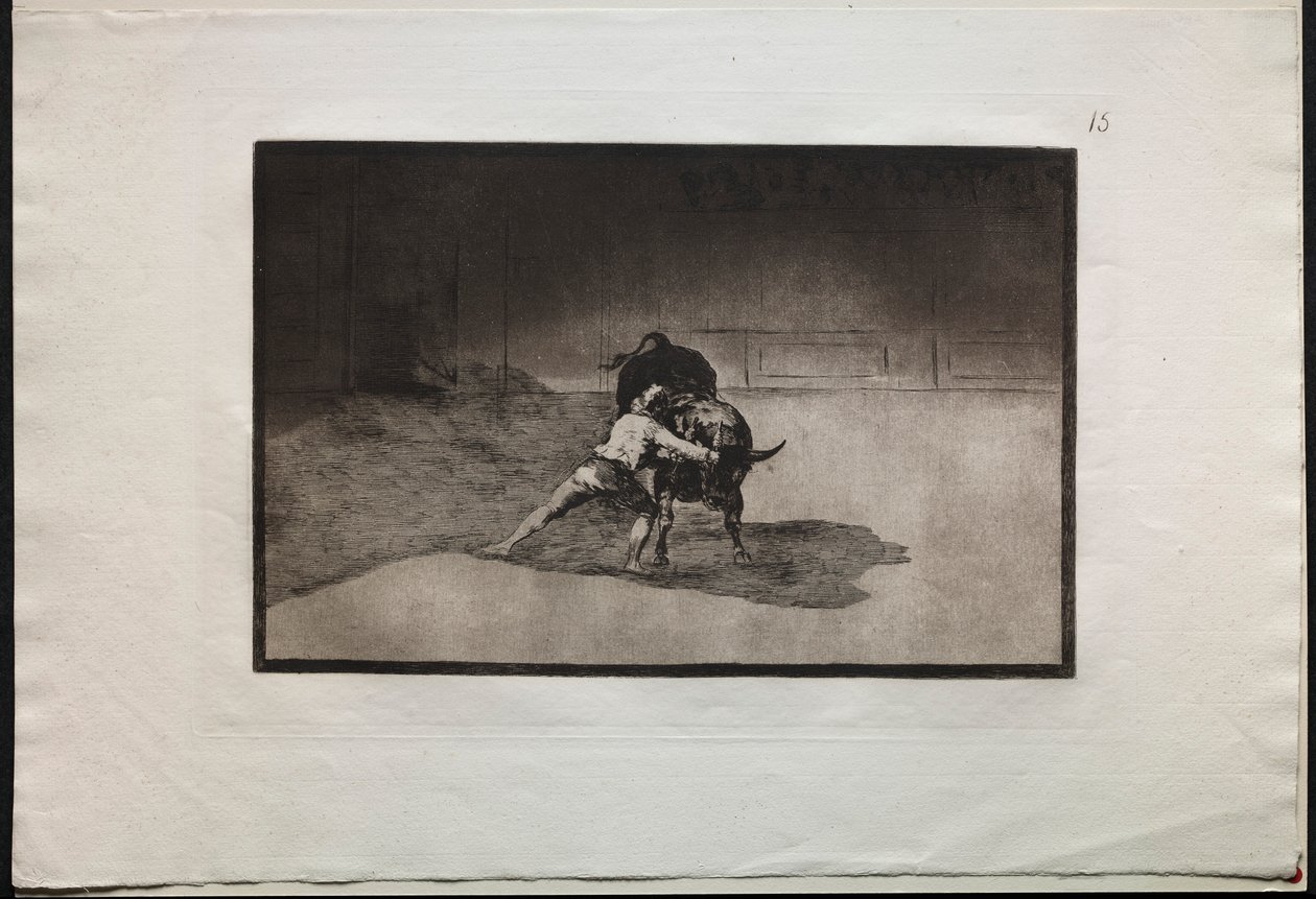 Bikaviadalok: A híres Martincho elhelyezi a banderillákat, akik a bikával játszanak a mozgással..., 1876. alkotó: Francisco de Goya