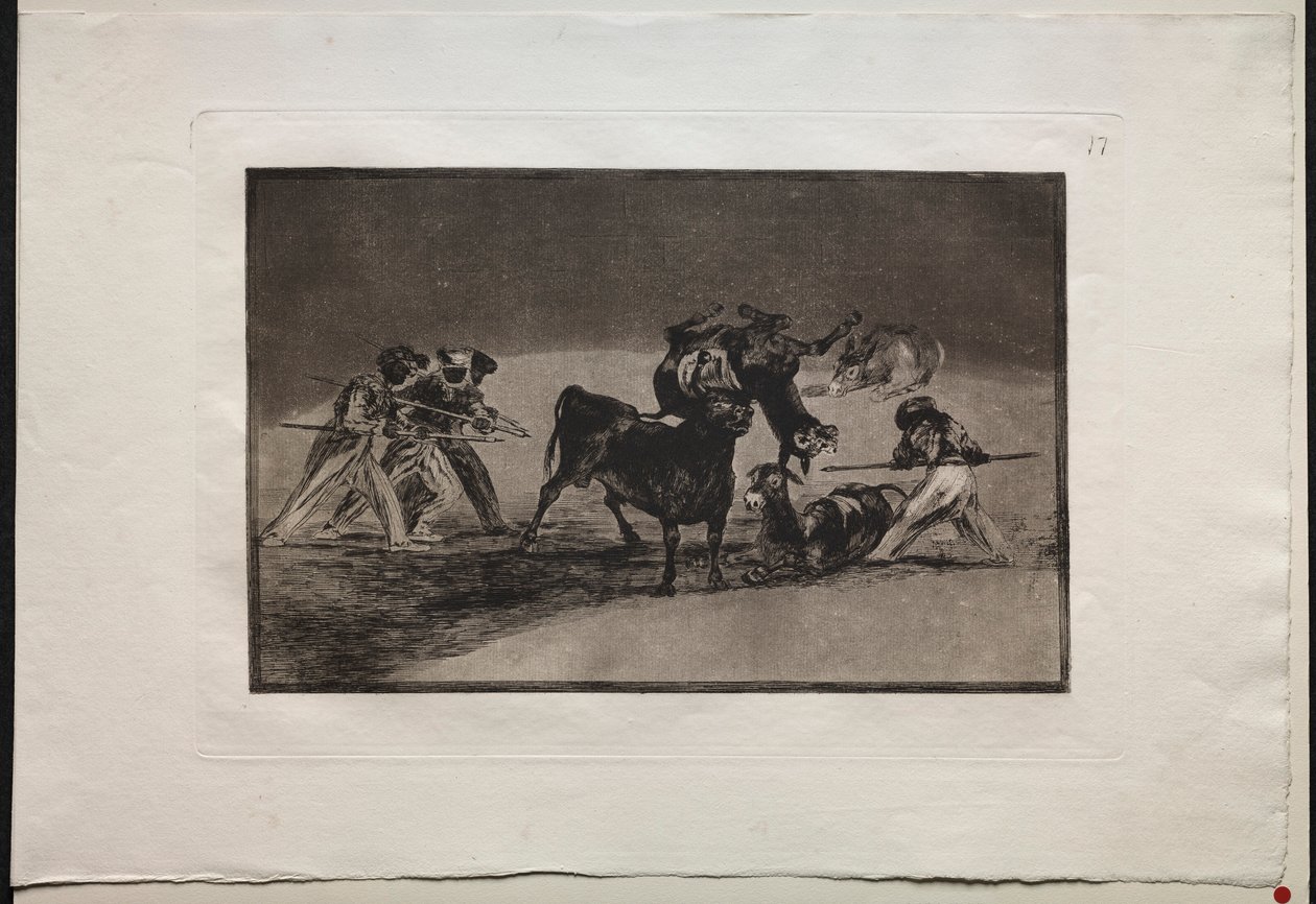Bikaviadalok: A mórok szamarakat használnak akadályként, hogy megvédjék magukat a bika ellen..., 1876. alkotó: Francisco de Goya