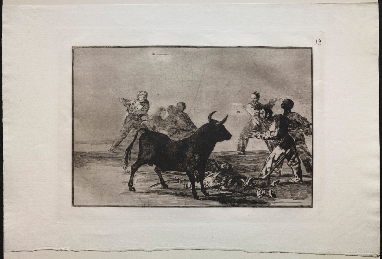 Bikaviadalok: A rabló, aki lándzsával, sarlóval, banderillával és más fegyverekkel megfeszíti a bikát, 1876. alkotó: Francisco de Goya