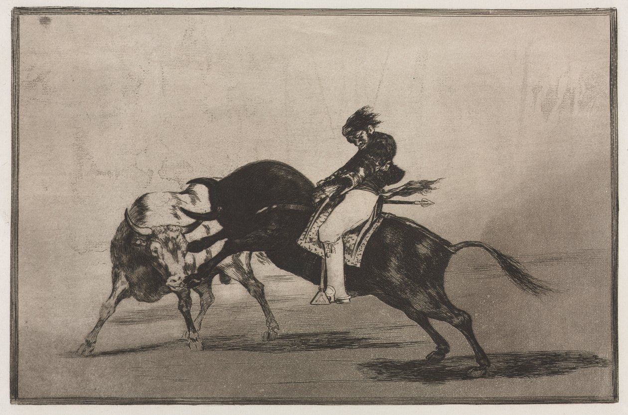 Bikaviadalok: Ugyanaz a Ceballos egy másik bikára szerelve rövid lándzsát tör a ringben, 1876. alkotó: Francisco de Goya