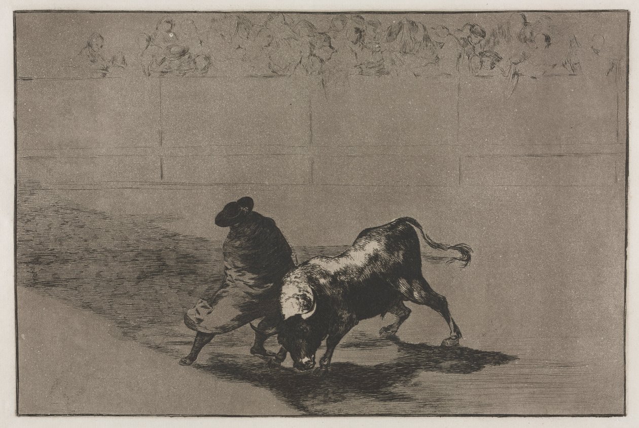 Bikaviadalok: A hamisság nagyon ügyes tanulója, köpenybe burkolózva, Becsapja a bikát..., 1876. alkotó: Francisco de Goya