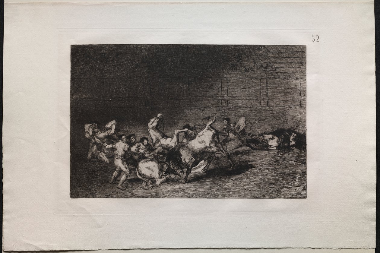 Bikaviadalok: Két Picador csapat, akiket egyetlen bika dobott egymás után alkotó: Francisco de Goya