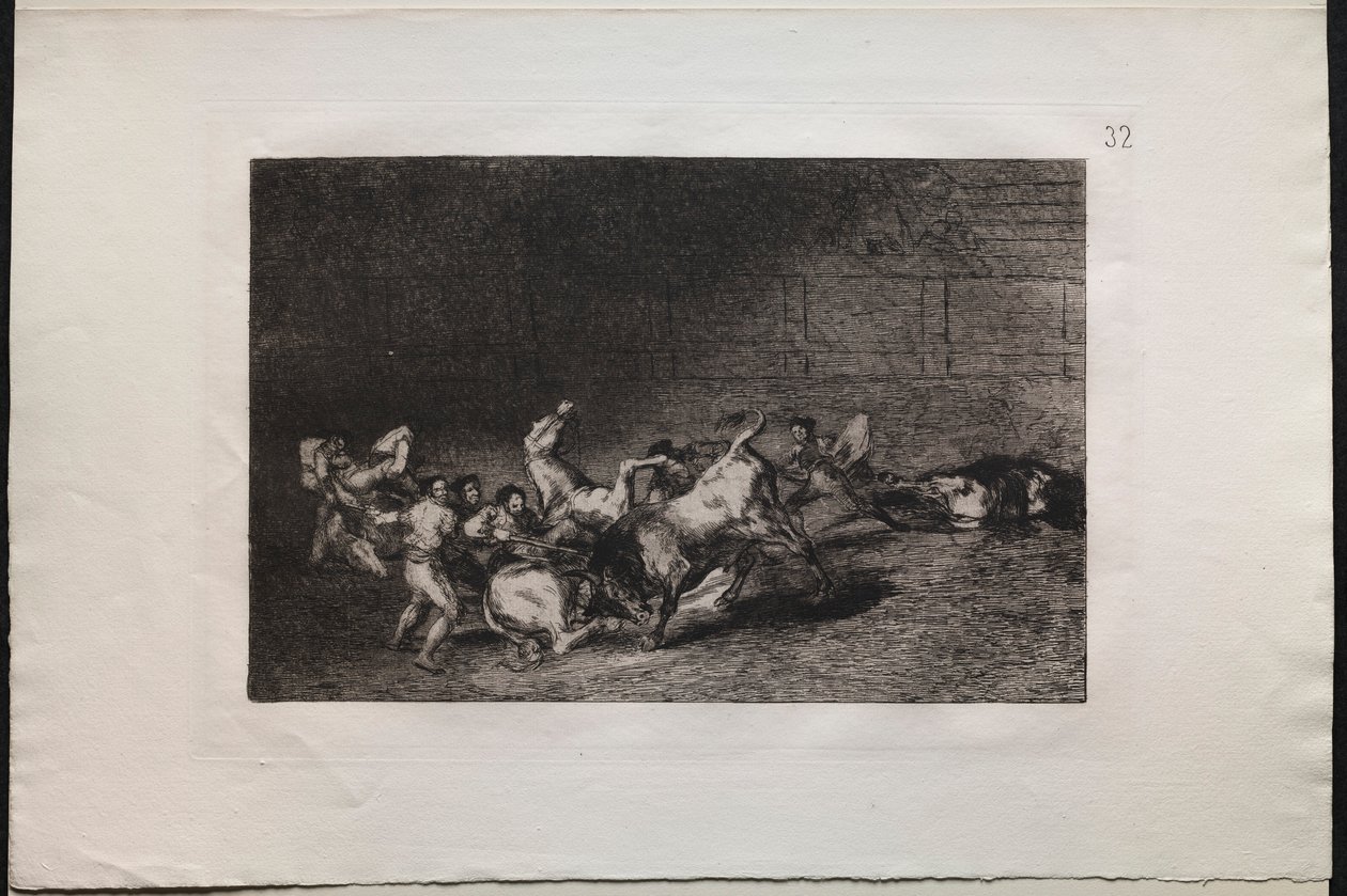 Bikaviadalok: Két Picador-csapat, amelyeket egyetlen bika dobott egymás után, 1876. alkotó: Francisco de Goya