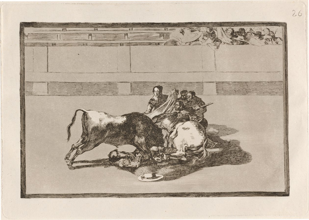 Picador leesése lováról a bika alatt (A Picador ló nélkül van, és a bika alá esik) alkotó: Francisco de Goya