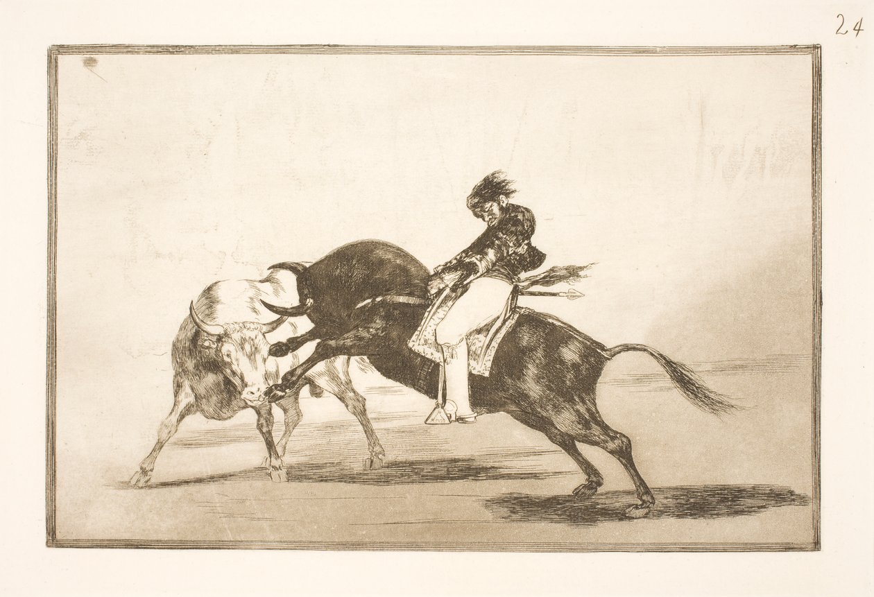Ugyanaz a Ceballos, aki egy másik bika hátán ül, rövid lándzsákat tör a madridi arénában alkotó: Francisco de Goya
