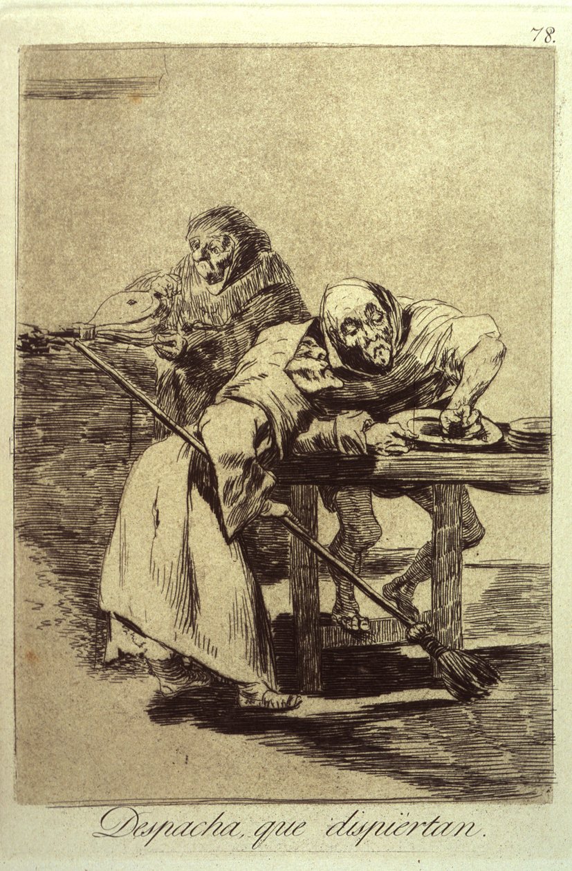 Despacha Que Dispiertan Légy gyors, felébrednek, 78-as lemez Los Caprichosból, 1799 alkotó: Francisco de Goya
