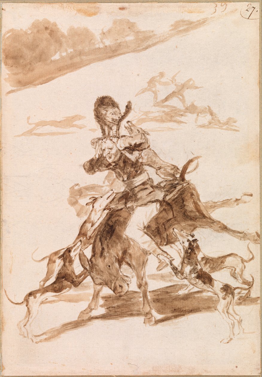 Kutyák kergetnek egy macskát egy emberen egy szamáron alkotó: Francisco de Goya