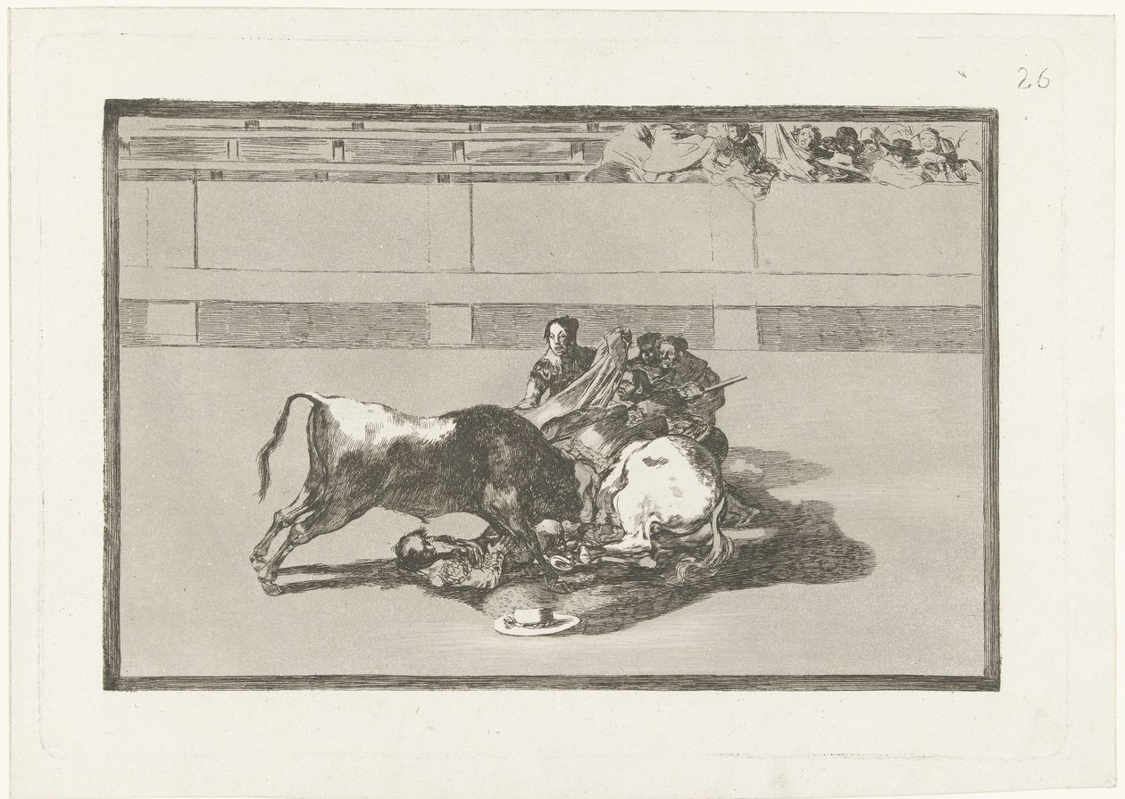 Egy picadort leütöttek a lováról, és a bika alatt fekszik Caida de un picador de su caballo debajo del toro La Tauromaquia (sorozat címe) Bikaviadal (sorozat címe) alkotó: Francisco de Goya