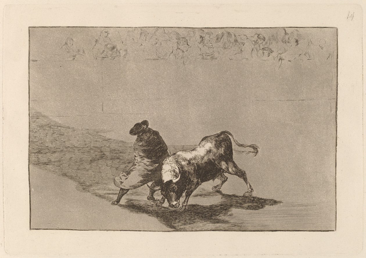 A hamis nagyon ügyes tanulója, köpenyébe burkolva, teste játékával csapja be a bikát alkotó: Francisco de Goya