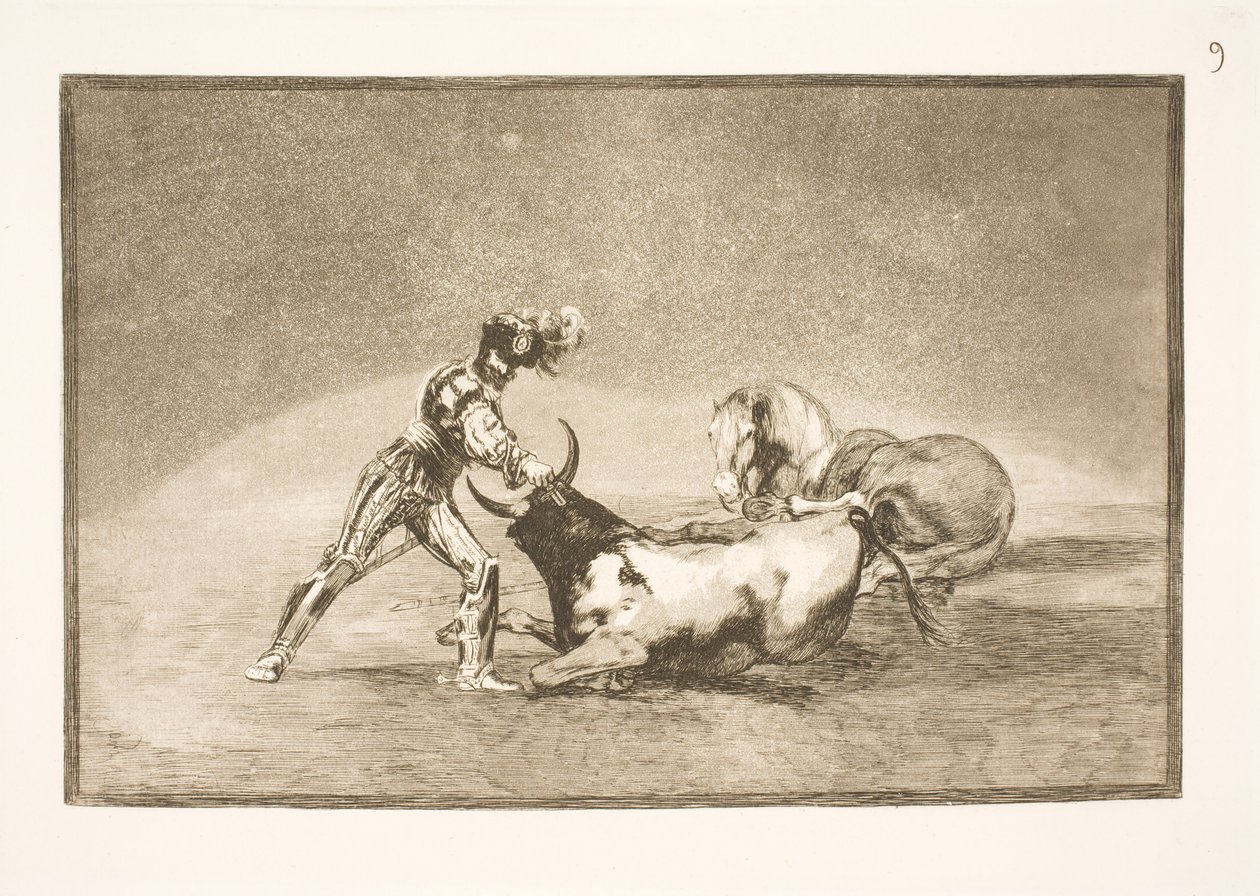 Egy spanyol lovas megöli a bikát, miután elvesztette a lovát alkotó: Francisco de Goya