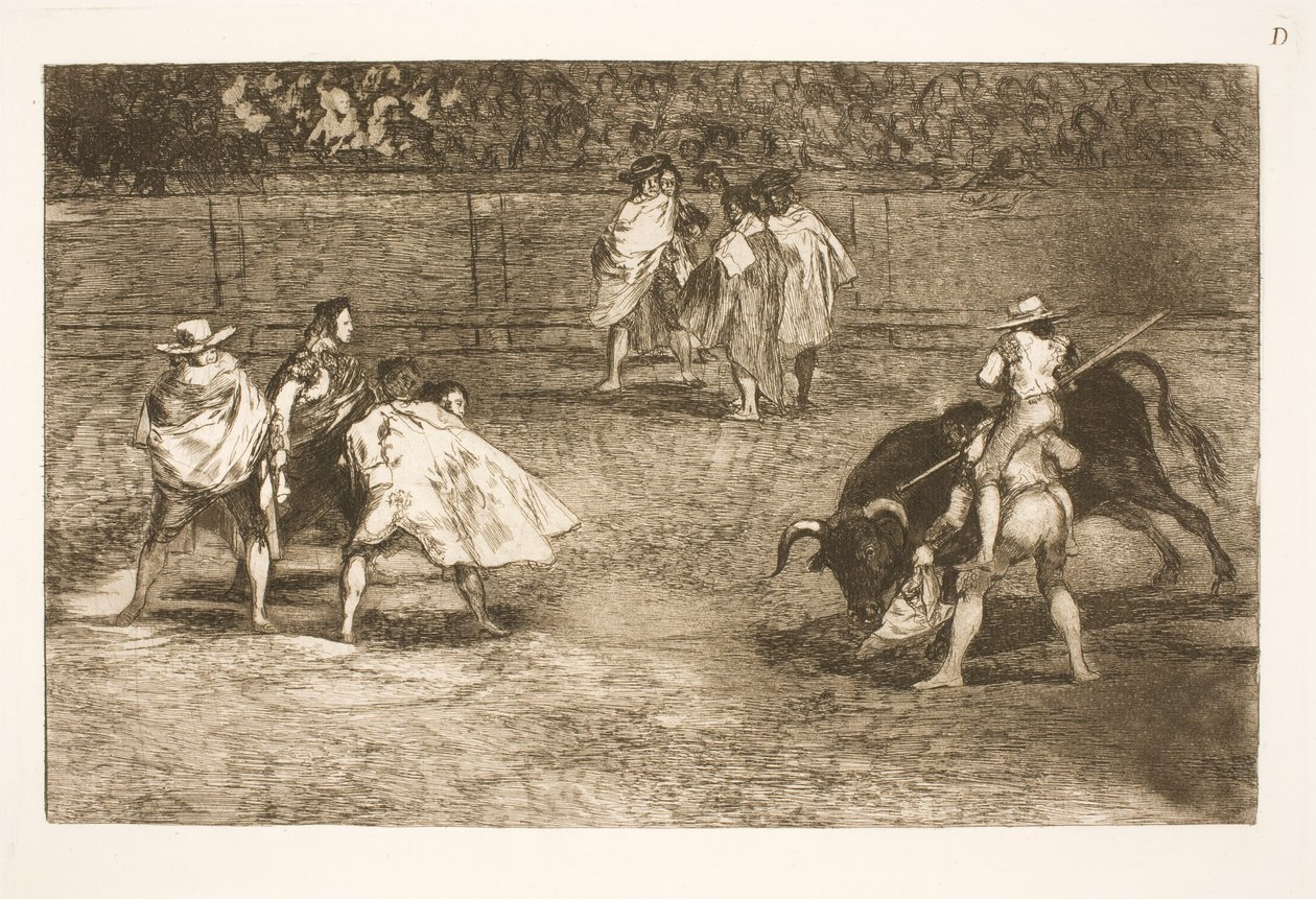 Egy torreádor egy asszisztens vállán ül, és rácsavarja a bikát alkotó: Francisco de Goya