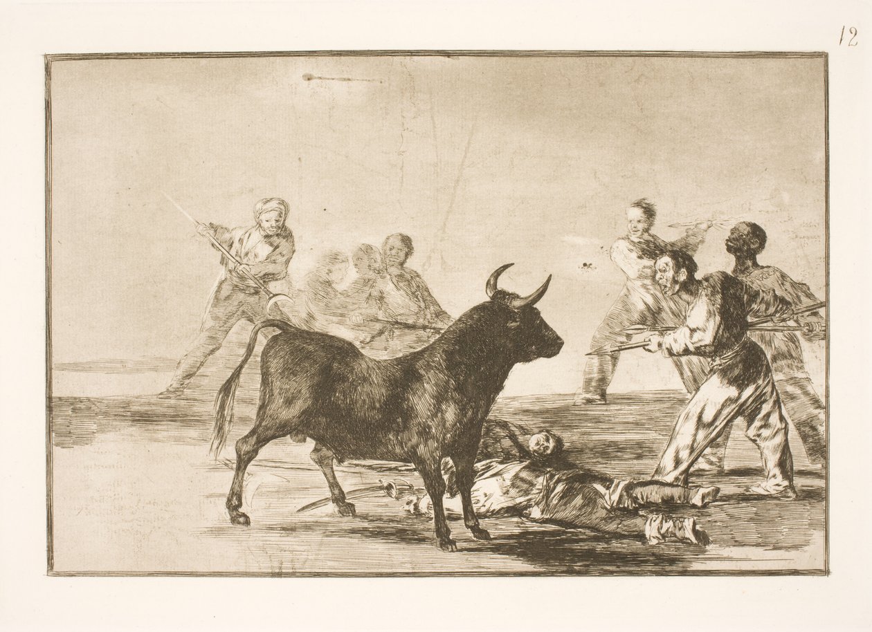 Az emberek lándzsákkal, sarlókkal, bandériumokkal és egyéb fegyverekkel szúrják a bikát alkotó: Francisco de Goya