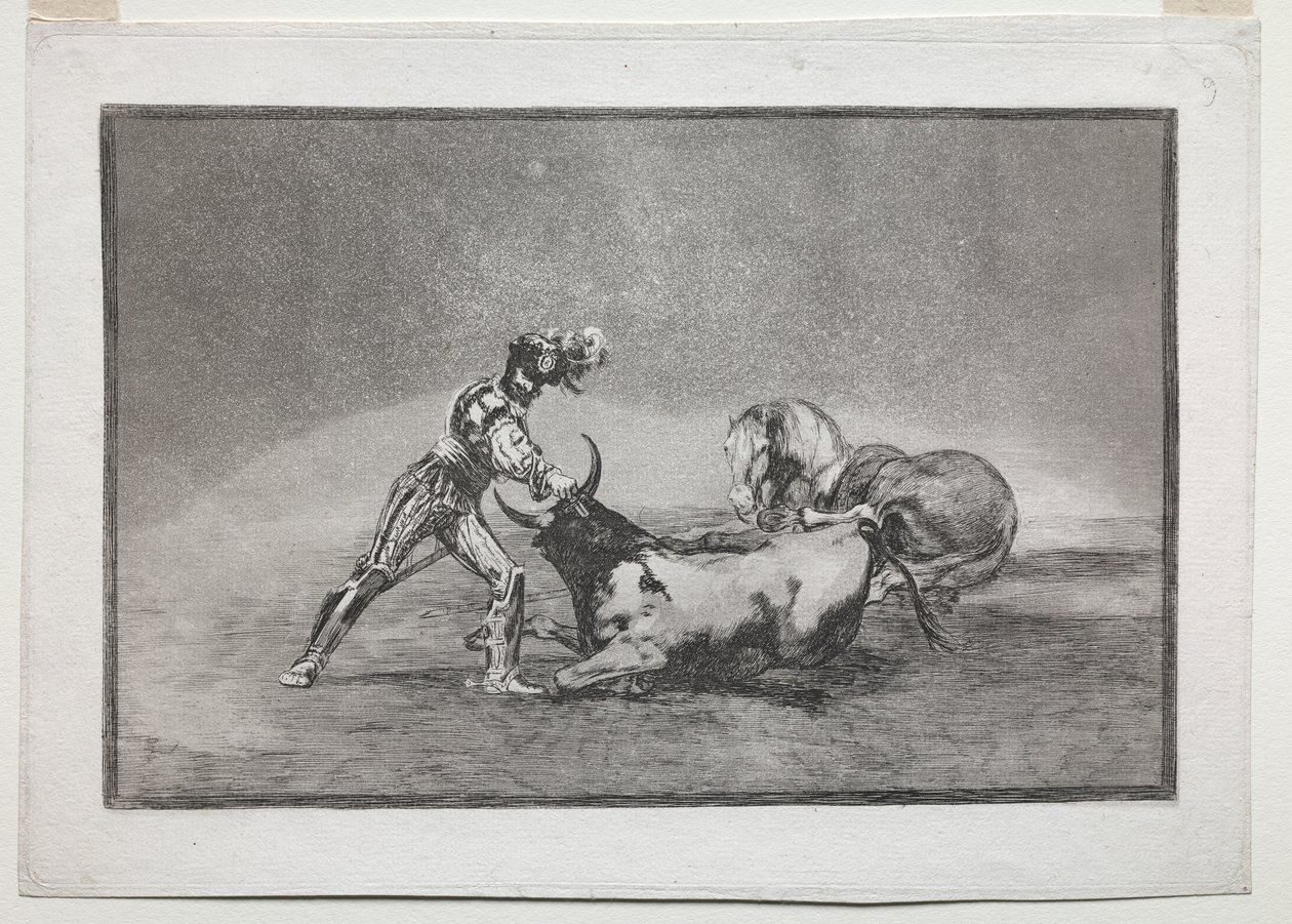La Tauromaquia: Egy spanyol lovag megöli a bikát, miután elvesztette a lovát alkotó: Francisco de Goya