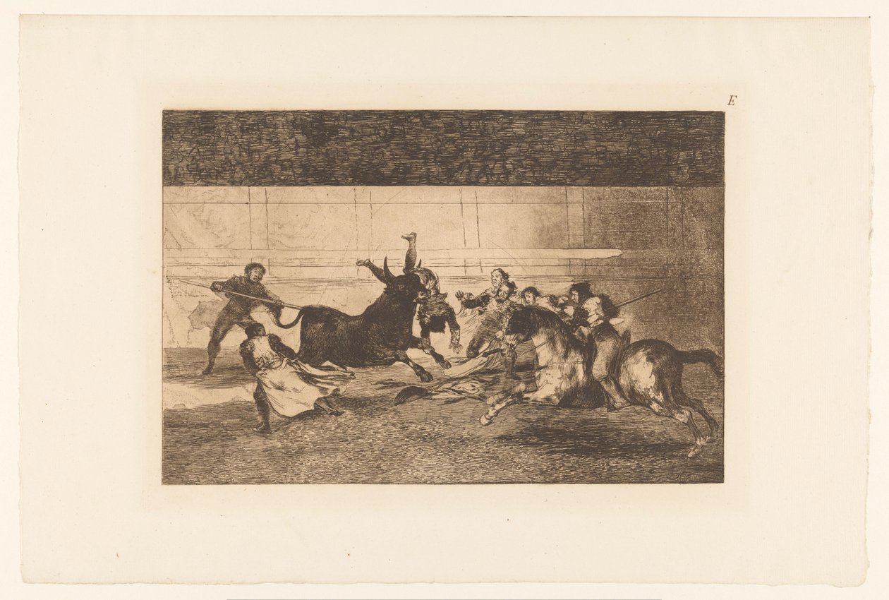 Bika szarvára feszített ember Mort de Pepe Illo Bikaviadal (sorozat címe) La Taureaumachie (sorozat címe) La Tauromaquia (sorozat címe) alkotó: Francisco de Goya