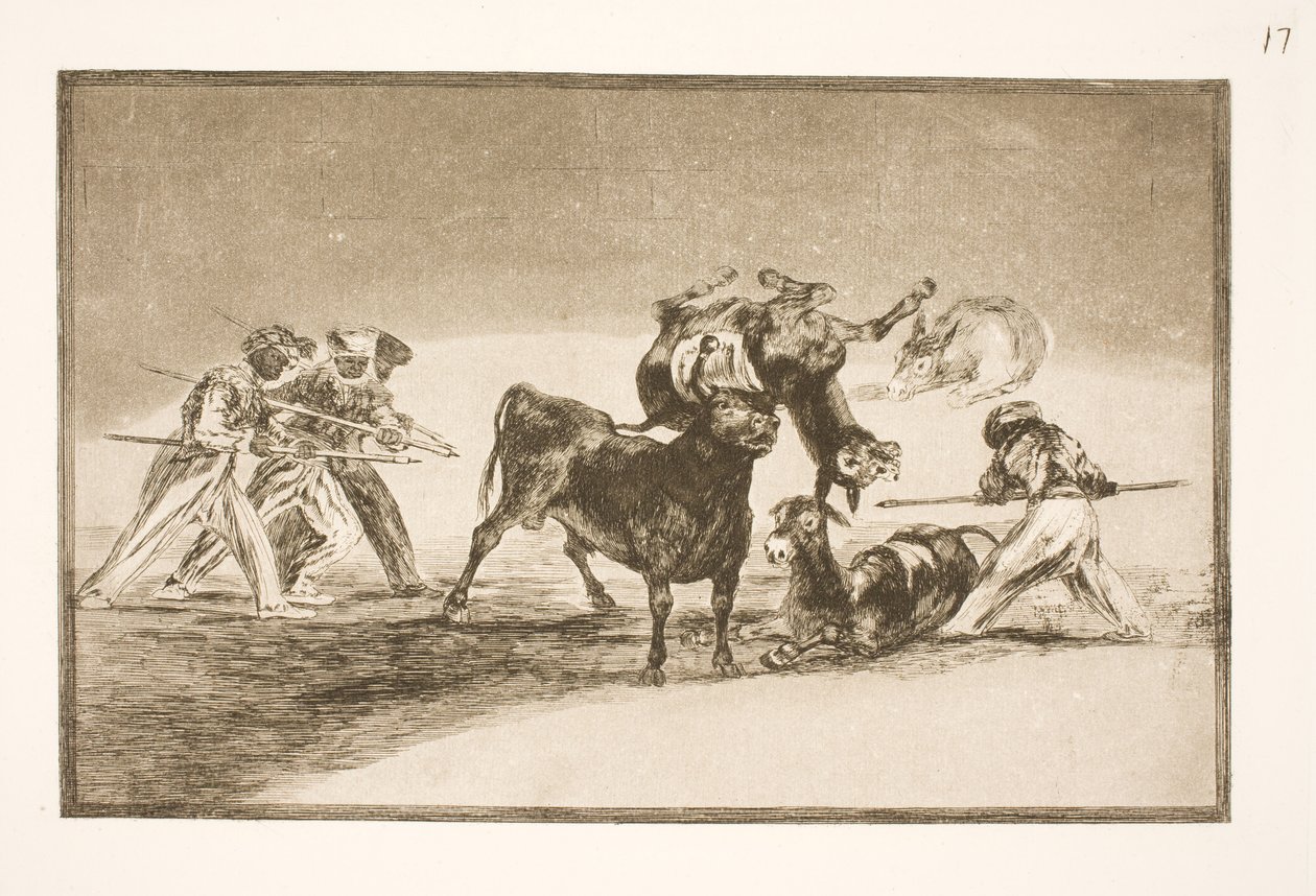 A mórok szamarakat használnak akadályként, hogy megvédjék magukat a bika ellen, amelynek szarvait golyókkal látták el. alkotó: Francisco de Goya