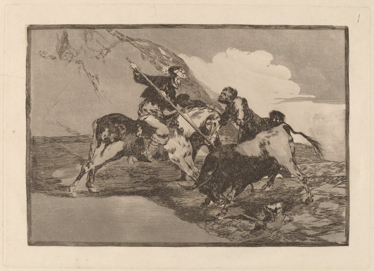 Módszer, ahogyan az ókori spanyolok lóháton vadásztak bikákra a mezőn (A mód, ahogyan az ókori spanyolok lóháton vadásztak bikákra a nyílt terepen) alkotó: Francisco de Goya