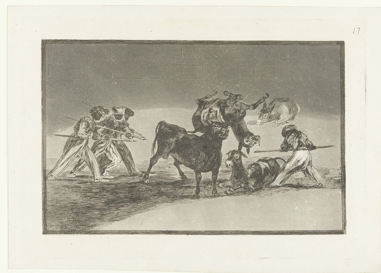 Mórok és szamarak harcolnak egy bikával Palenque de los Moros hecho con burros para defenderse del toro embolado La Tauromaquia (sorozat címe) Bikaviadal (sorozat címe) alkotó: Francisco de Goya