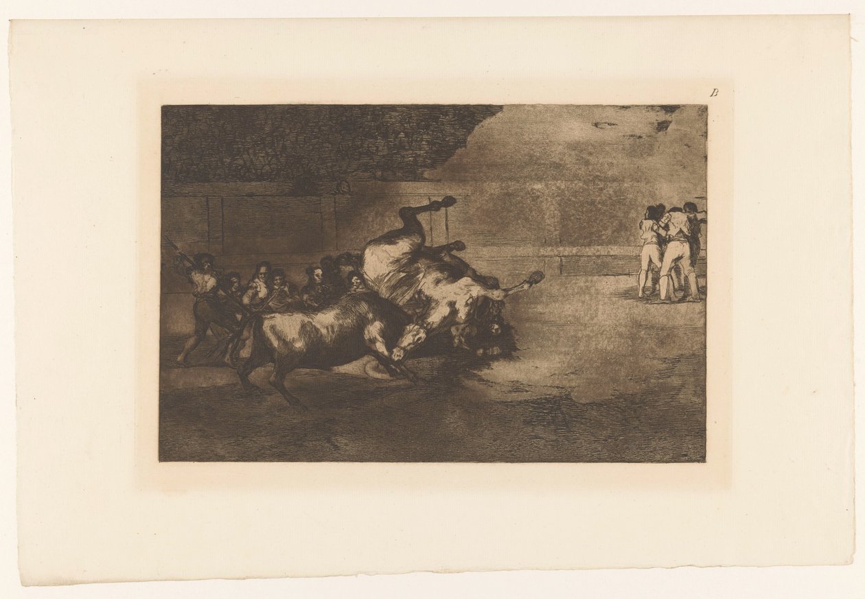 A ló megdöntötte egy bika Cheval reverse par un taureau Bikaviadal (sorozat címe) La Taureaumachie (sorozat címe) La Tauromaquia (sorozat címe) alkotó: Francisco de Goya