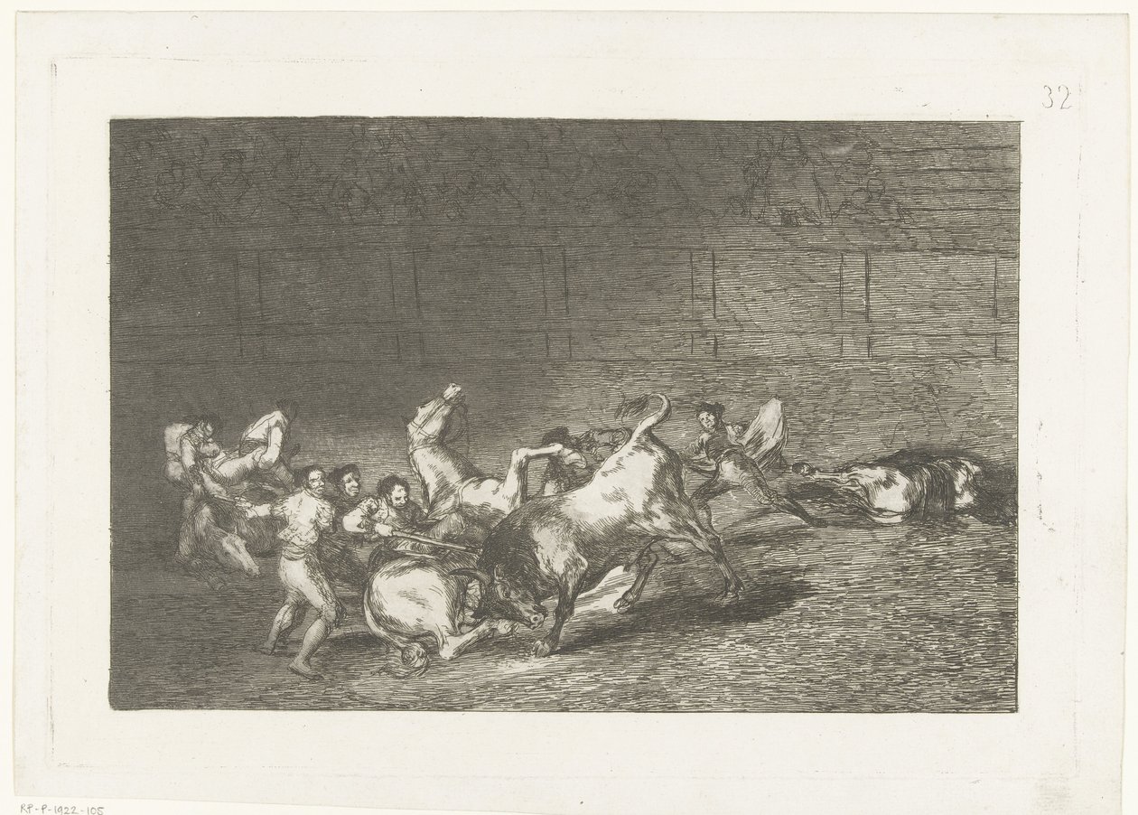 Picador steekt een lans in een stier Két picadorcsoportot fut át ​​egymás után egyetlen bika Bikaviadal (sorozat címe) Stierenvechten (sorozat címe) alkotó: Francisco de Goya