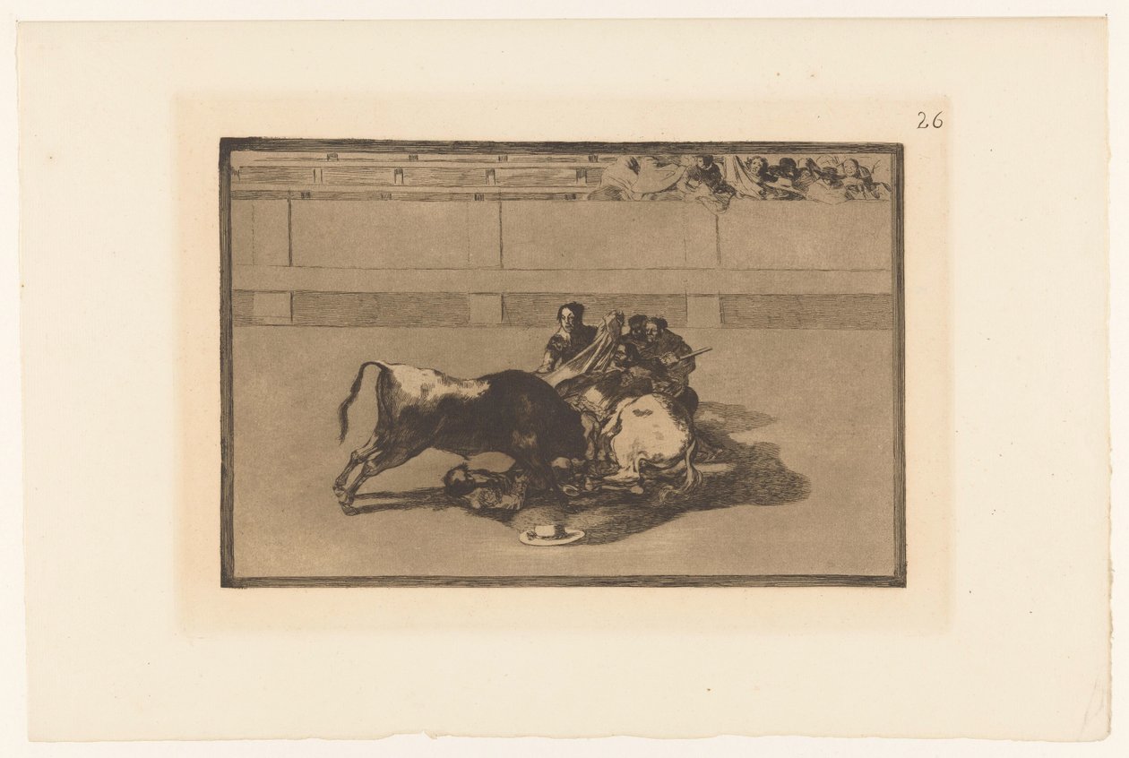 Picador leesett a lováról Caida de un picador de su caballo debajo del toro Bikaviadalok (sorozat címe) La Taureaumachie (sorozat címe) La Tauromaquia (sorozat címe) alkotó: Francisco de Goya