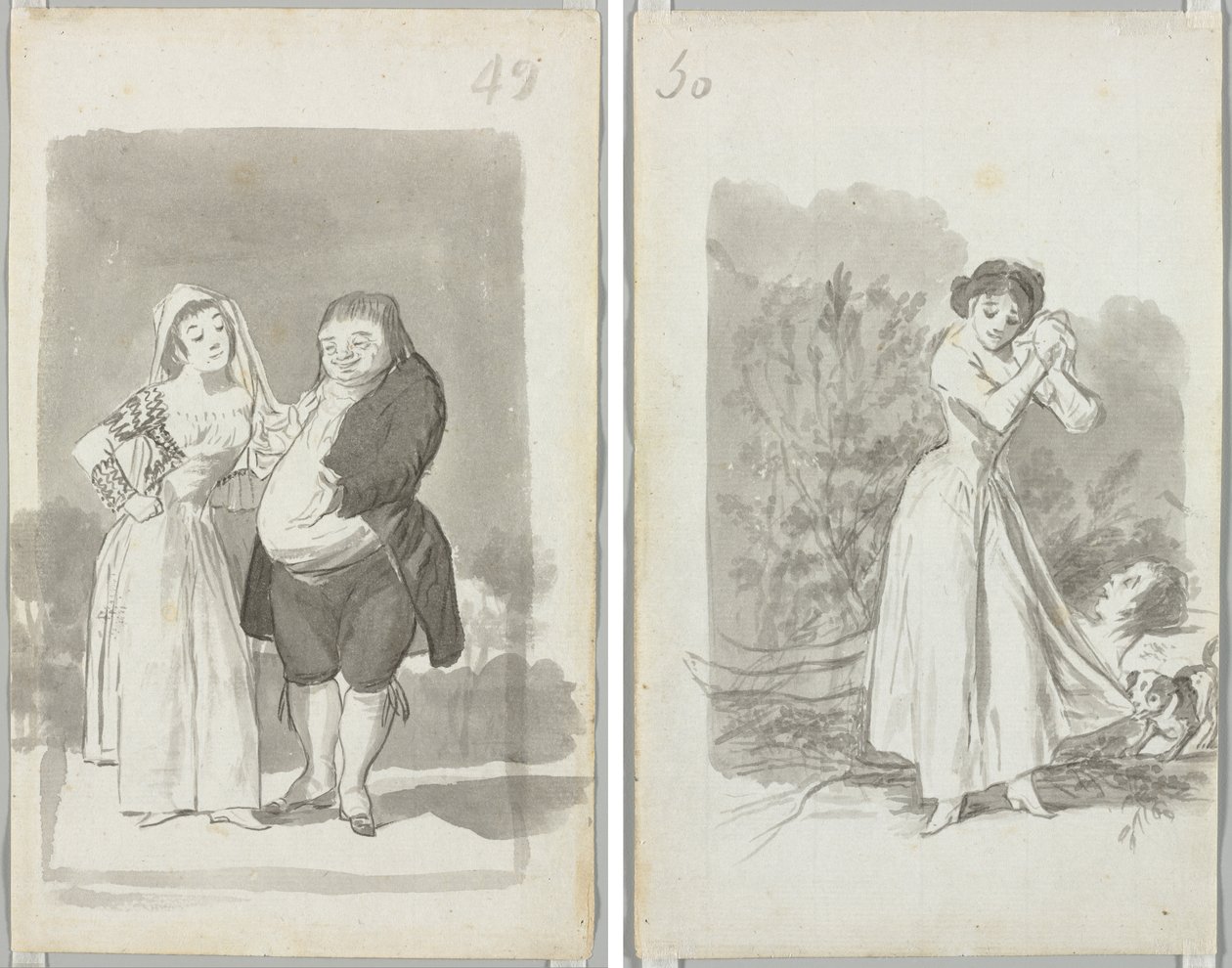 Kövér, csúnya férfit kérő prostituált (recto); Kezét egy férfi meztelen teste fölött törő fiatal nő (fordítva) alkotó: Francisco de Goya
