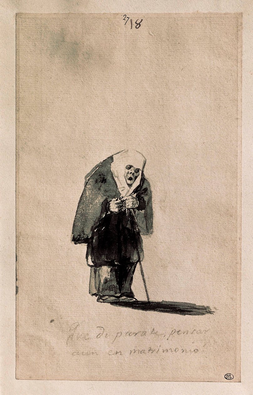 Que disparate, pensar aun en matrimonio (Micsoda ostobaság, még mindig a házasságra gondolni), c. 1819-23 (ecset, indiai tus, előzetes rajz fekete kővel, fehér fektetett papírra) alkotó: Francisco de Goya