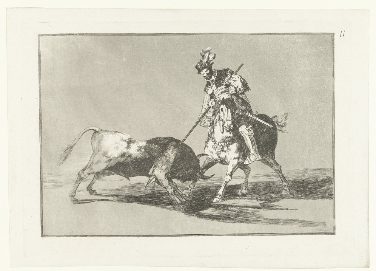 Rodrigo Diaz de Vivar verwondt een stier El Cid Campeador egy másik bikával lándzsázik Stierenvechten (sorozat címe) Bikaviadal (sorozat címe) alkotó: Francisco de Goya