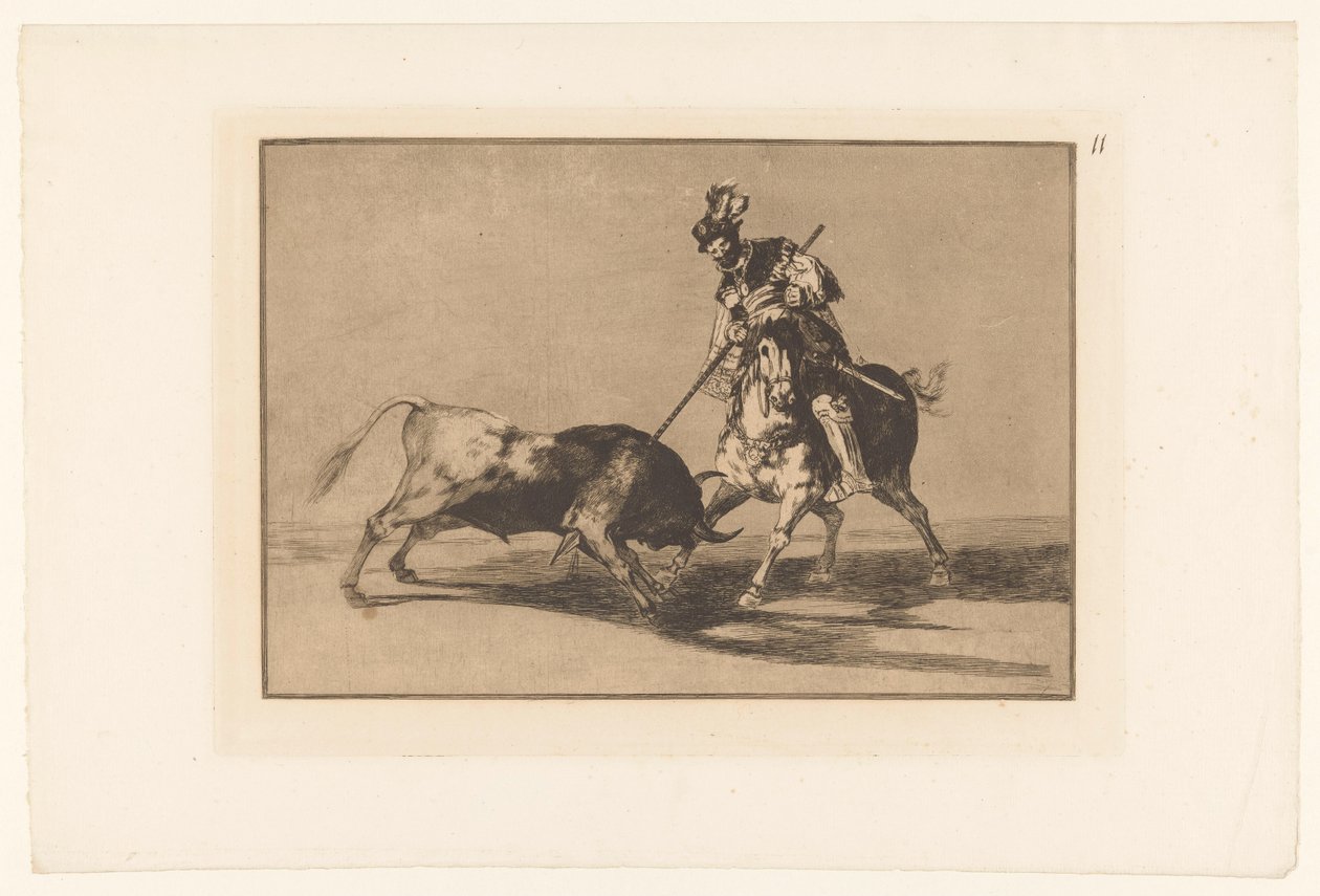 Rodrigo Diaz de Vivar verwondt een stier El Cid Campeador egy másik bikával lándzsázik Stierengevechten (sorozat címe) La Taureamachie (sorozat címe) Bikaviadal (sorozat címe) alkotó: Francisco de Goya