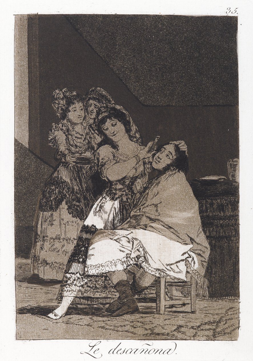 She Fleeces Him (Le descanona), Los Caprichos 35. lemeze, 1797-98 körül (rézkarc és akvatinta papíron) alkotó: Francisco de Goya