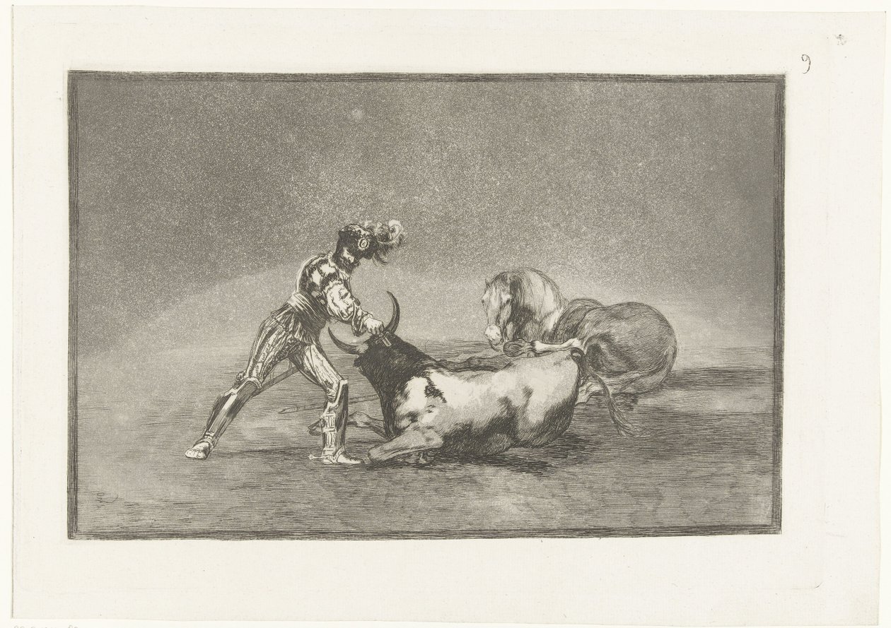 Spanse lovas doodt een stier Egy spanyol lovag megöl egy bikát, miután elvesztette a lovát Stierenvechten (sorozat címe) Bikaviadal (sorozat címe) alkotó: Francisco de Goya